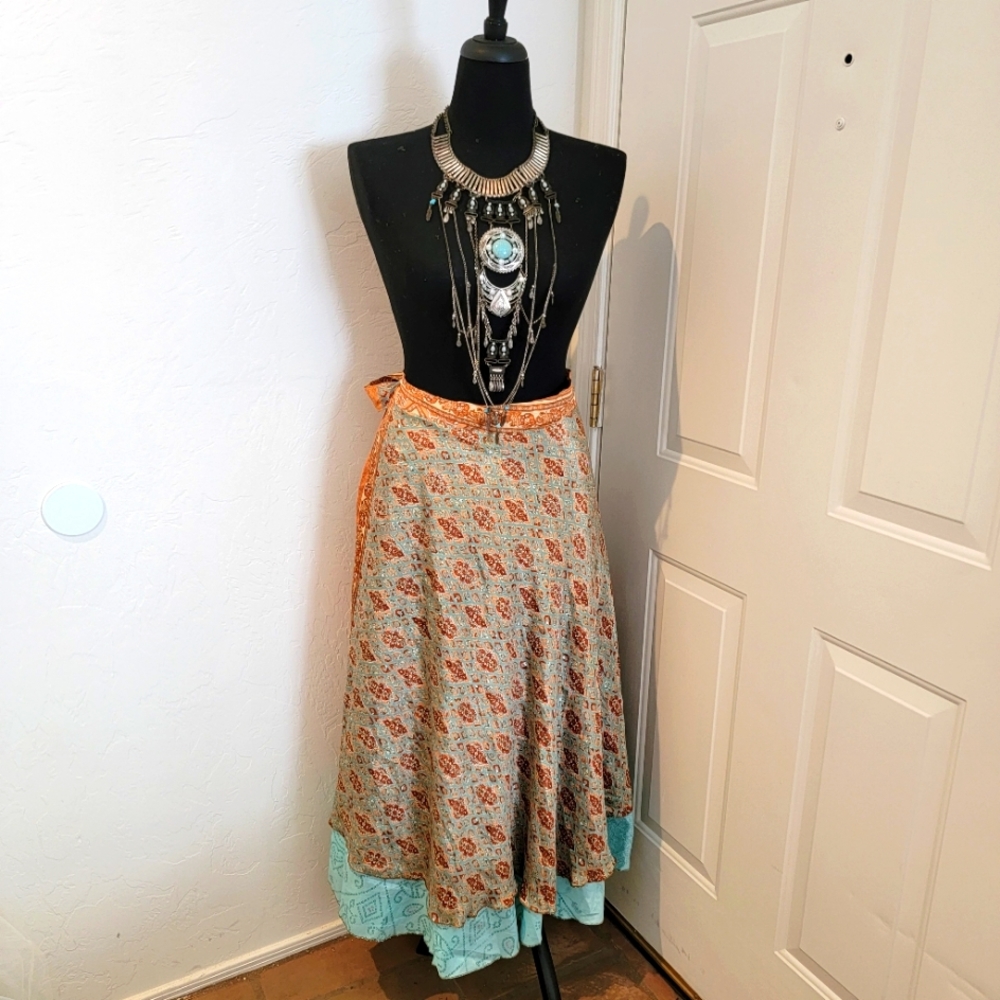 Brand New Sustainably Designed Boho Silk Reversible Wrap Skirt Dress